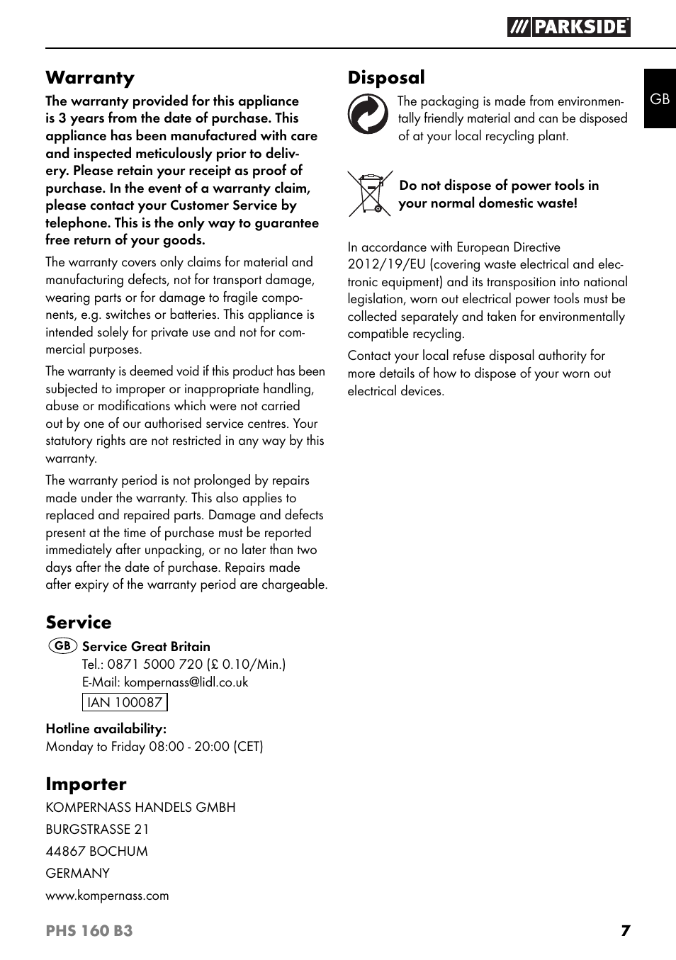 Warranty, Service, Importer | Disposal | Parkside PHS 160 B3 User Manual | Page 10 / 60