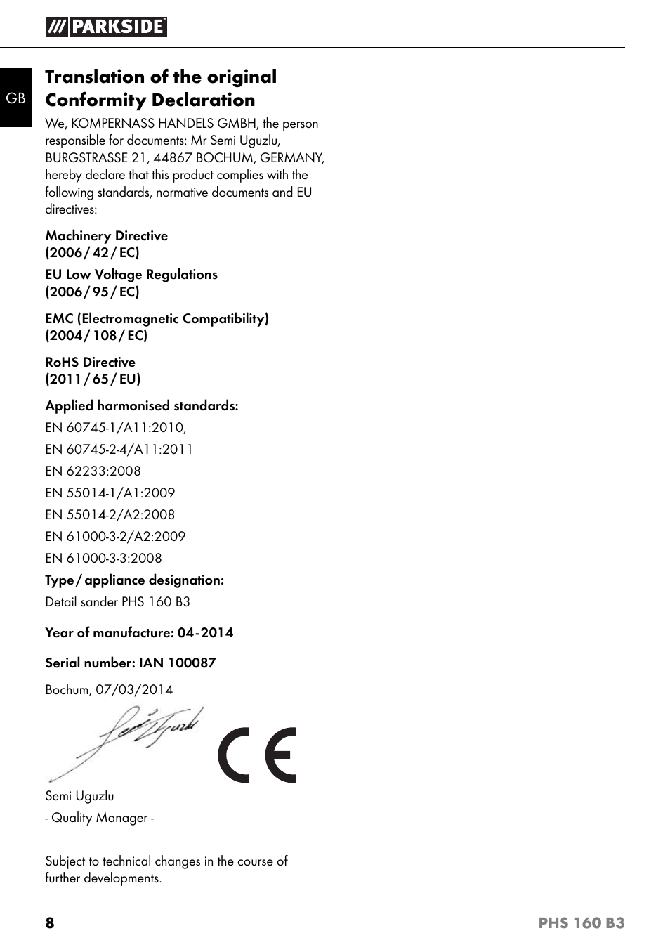 Translation of the original conformity declaration | Parkside PHS 160 B3 User Manual | Page 11 / 60