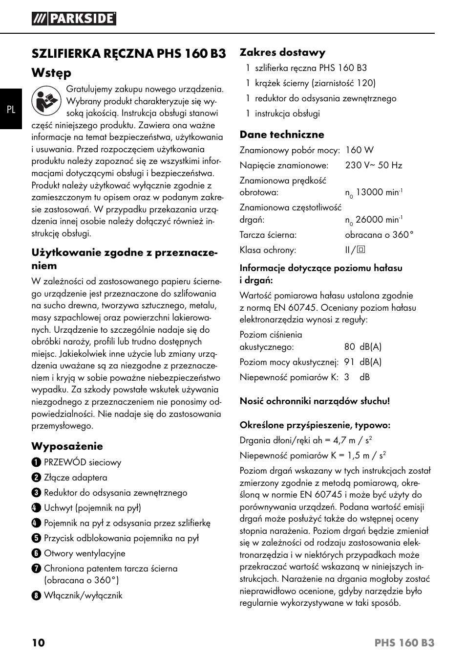 Szlifierka ręczna phs 160 b3 wstęp | Parkside PHS 160 B3 User Manual | Page 13 / 60