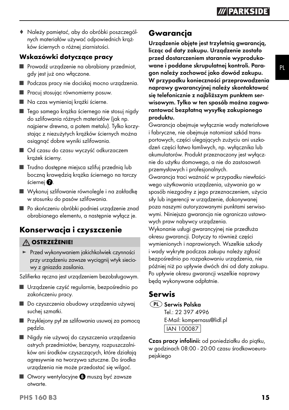 Konserwacja i czyszczenie, Gwarancja, Serwis | Parkside PHS 160 B3 User Manual | Page 18 / 60