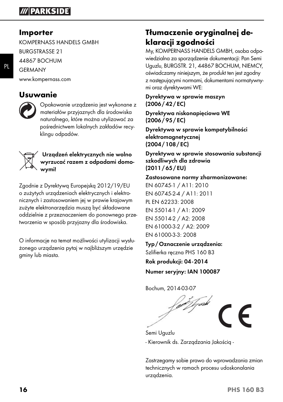 Importer, Usuwanie, Tłumaczenie oryginalnej de- klaracji zgodności | Parkside PHS 160 B3 User Manual | Page 19 / 60