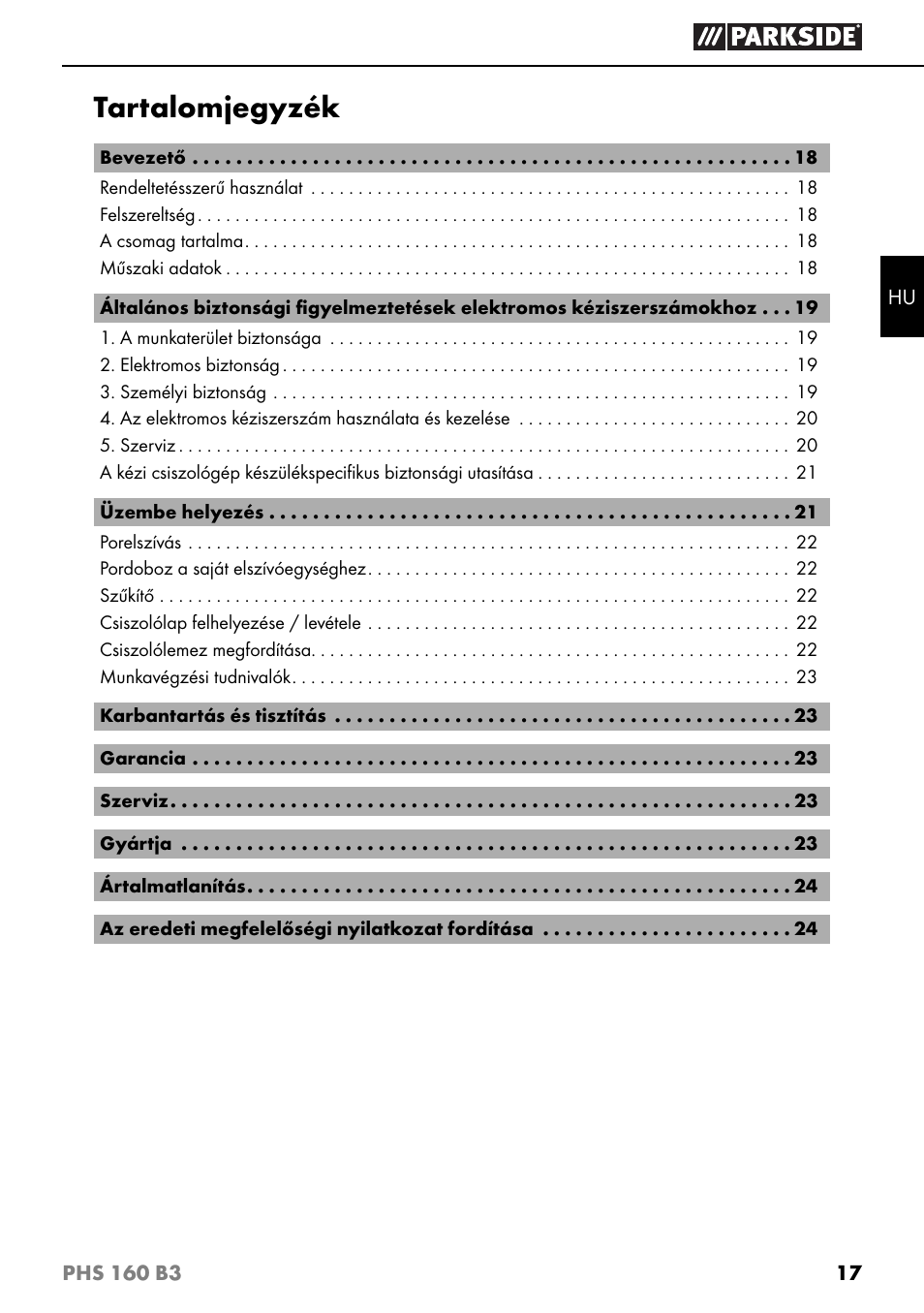 Tartalomjegyzék | Parkside PHS 160 B3 User Manual | Page 20 / 60