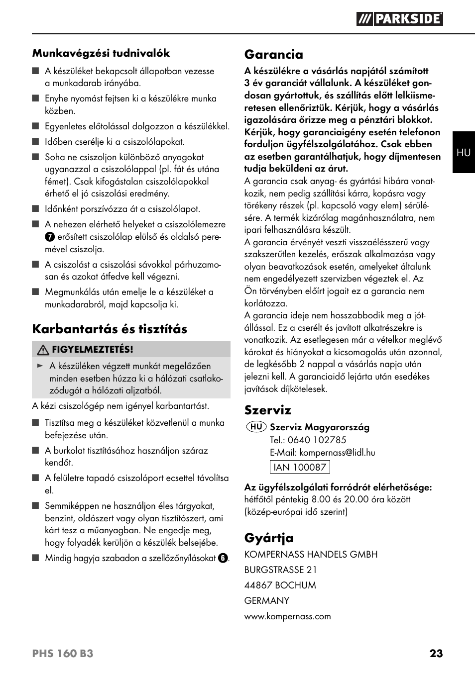 Karbantartás és tisztítás, Garancia, Szerviz | Gyártja | Parkside PHS 160 B3 User Manual | Page 26 / 60