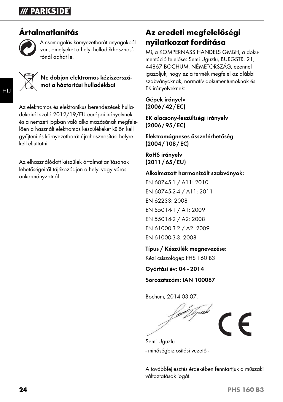 Ártalmatlanítás, Az eredeti megfelelőségi nyilatkozat fordítása | Parkside PHS 160 B3 User Manual | Page 27 / 60