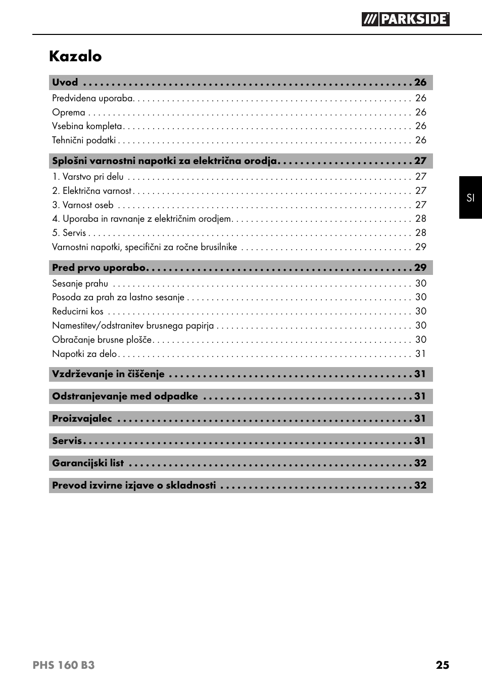 Kazalo | Parkside PHS 160 B3 User Manual | Page 28 / 60