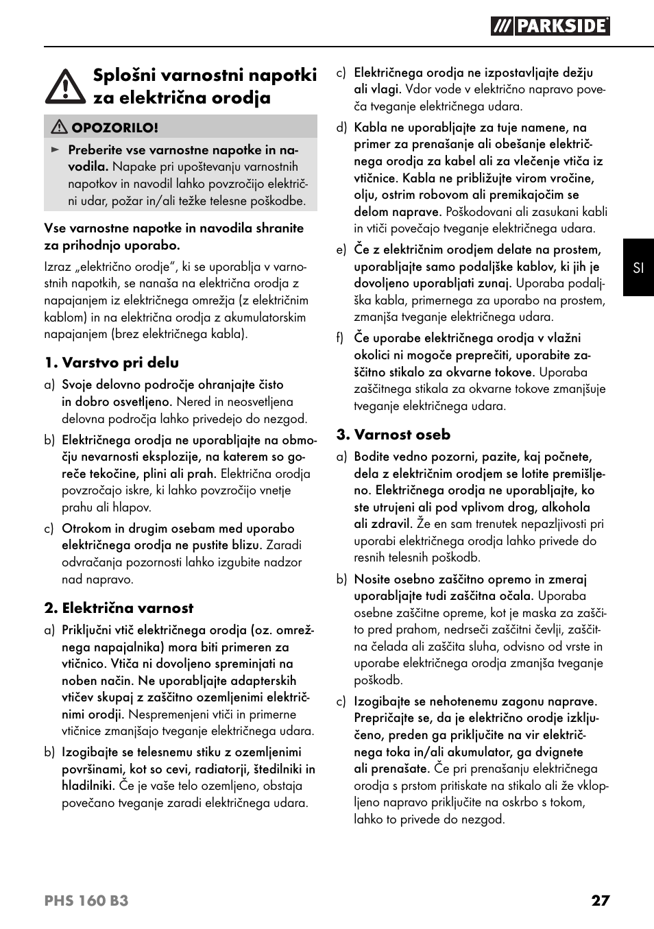 Splošni varnostni napotki za električna orodja | Parkside PHS 160 B3 User Manual | Page 30 / 60