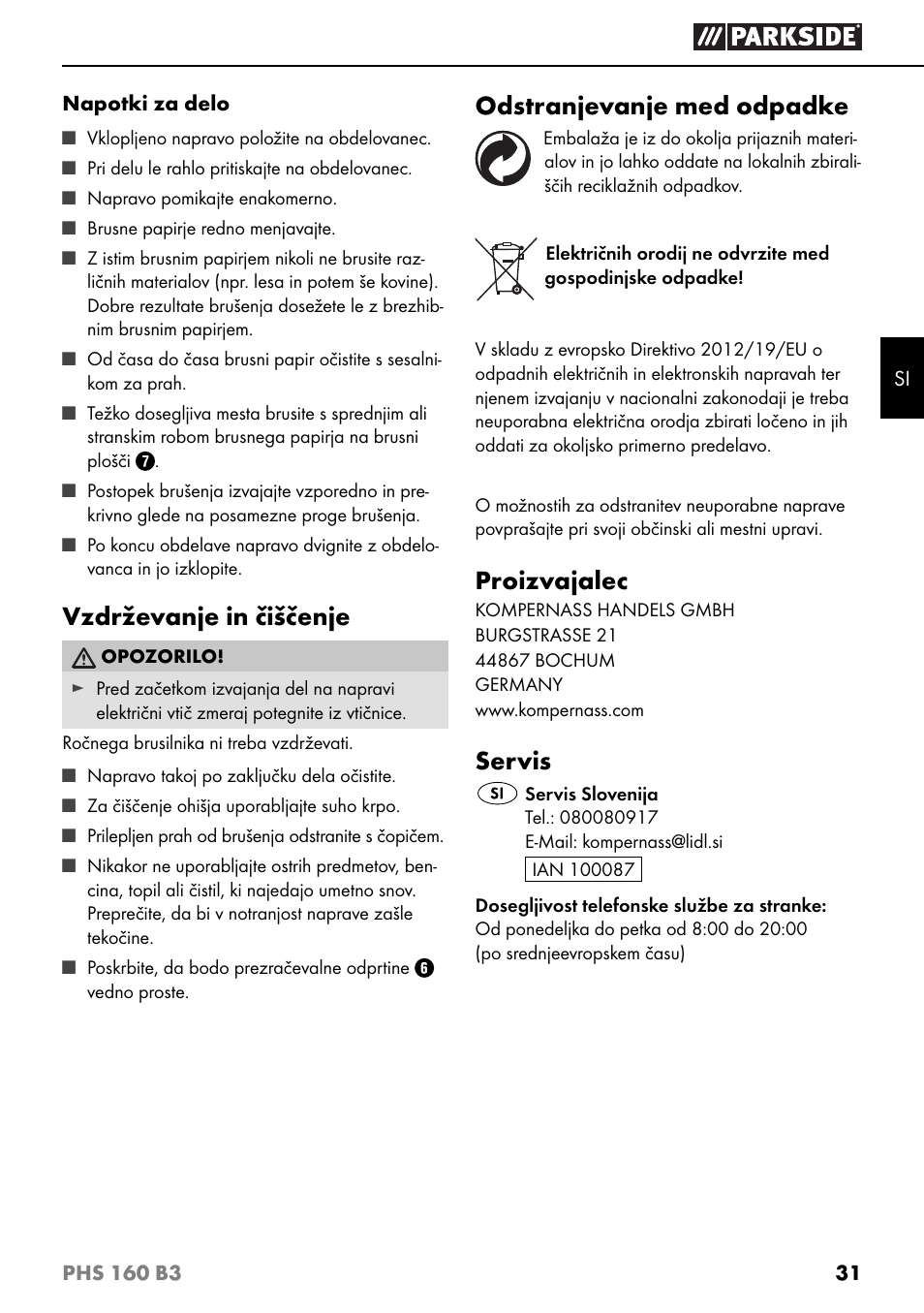 Vzdrževanje in čiščenje, Odstranjevanje med odpadke, Proizvajalec | Servis | Parkside PHS 160 B3 User Manual | Page 34 / 60