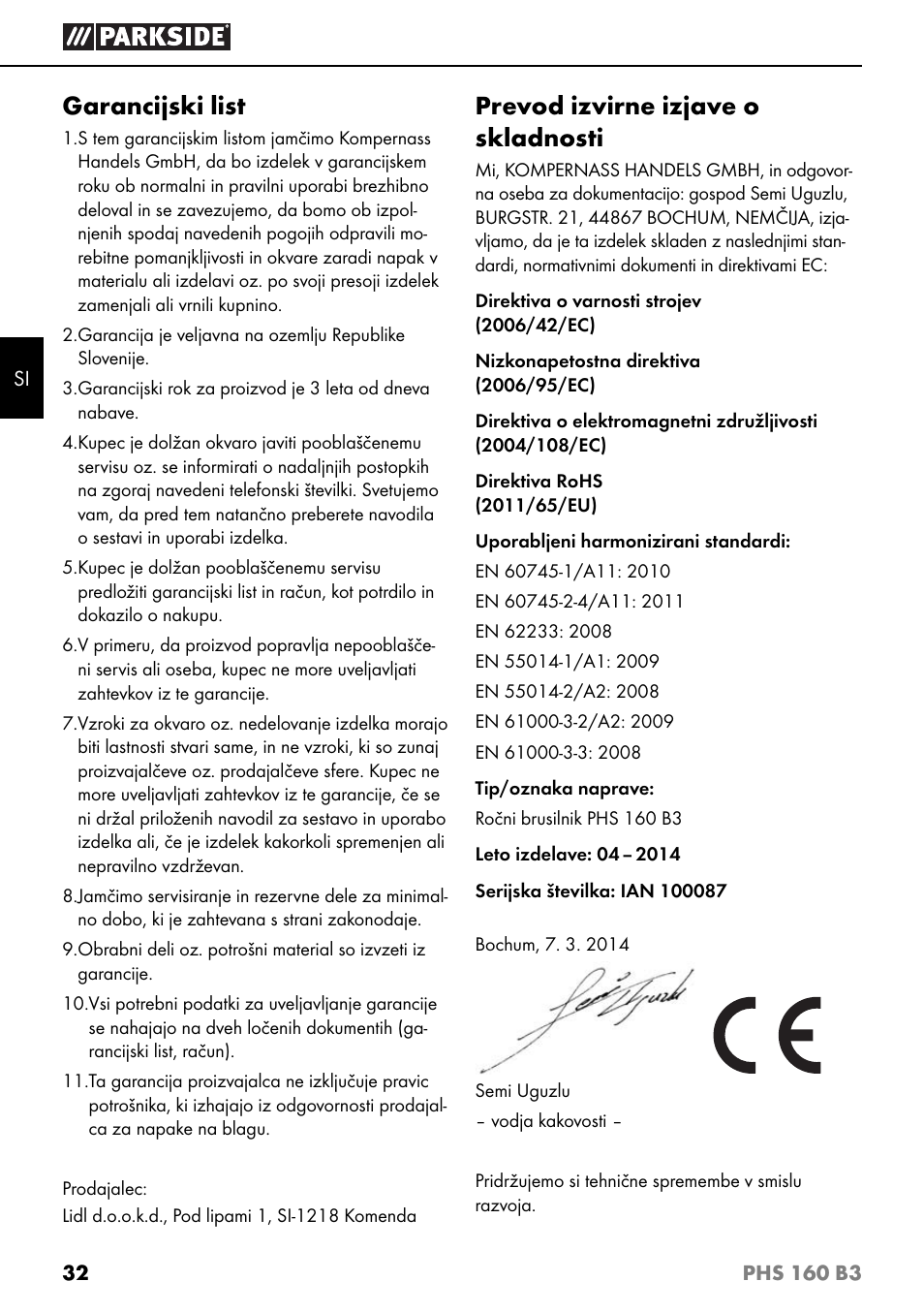 Garancijski list, Prevod izvirne izjave o skladnosti | Parkside PHS 160 B3 User Manual | Page 35 / 60