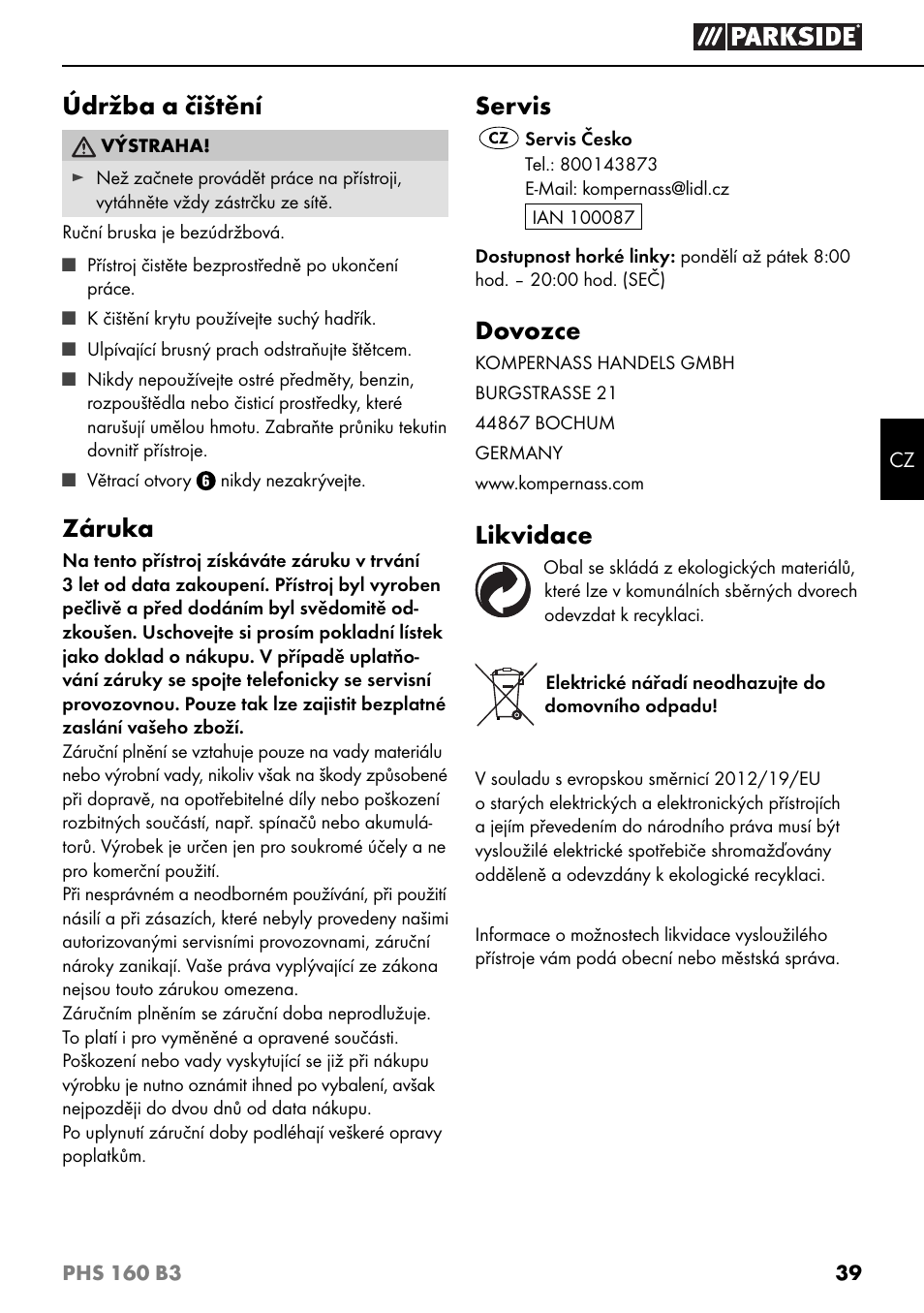 Údržba a čištění, Záruka, Servis | Dovozce, Likvidace | Parkside PHS 160 B3 User Manual | Page 42 / 60