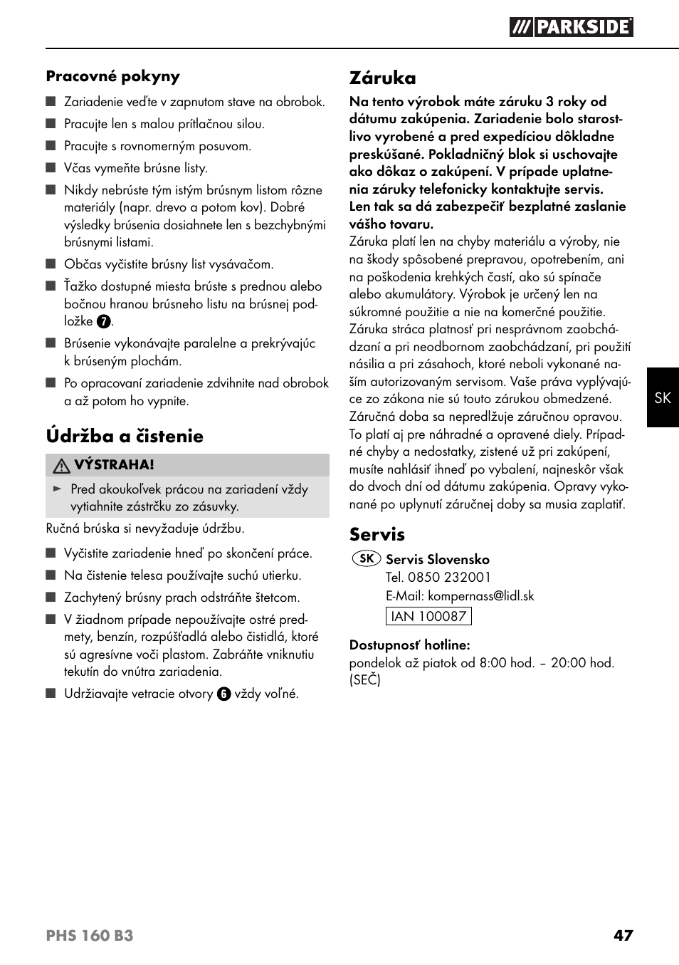 Údržba a čistenie, Záruka, Servis | Parkside PHS 160 B3 User Manual | Page 50 / 60