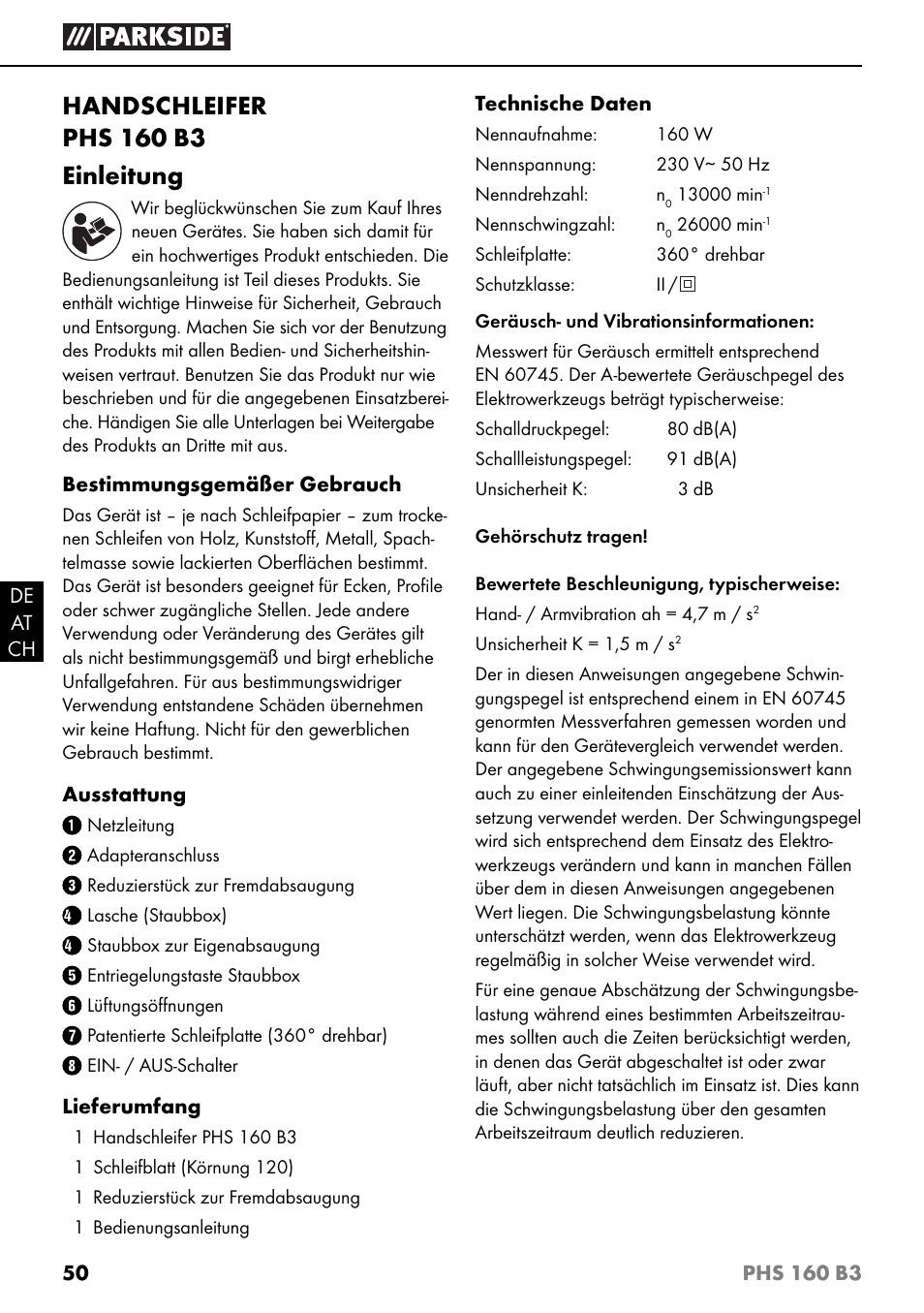 Handschleifer phs 160 b3 einleitung | Parkside PHS 160 B3 User Manual | Page 53 / 60