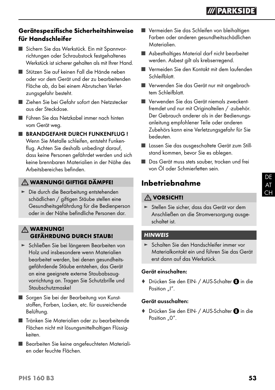 Inbetriebnahme | Parkside PHS 160 B3 User Manual | Page 56 / 60