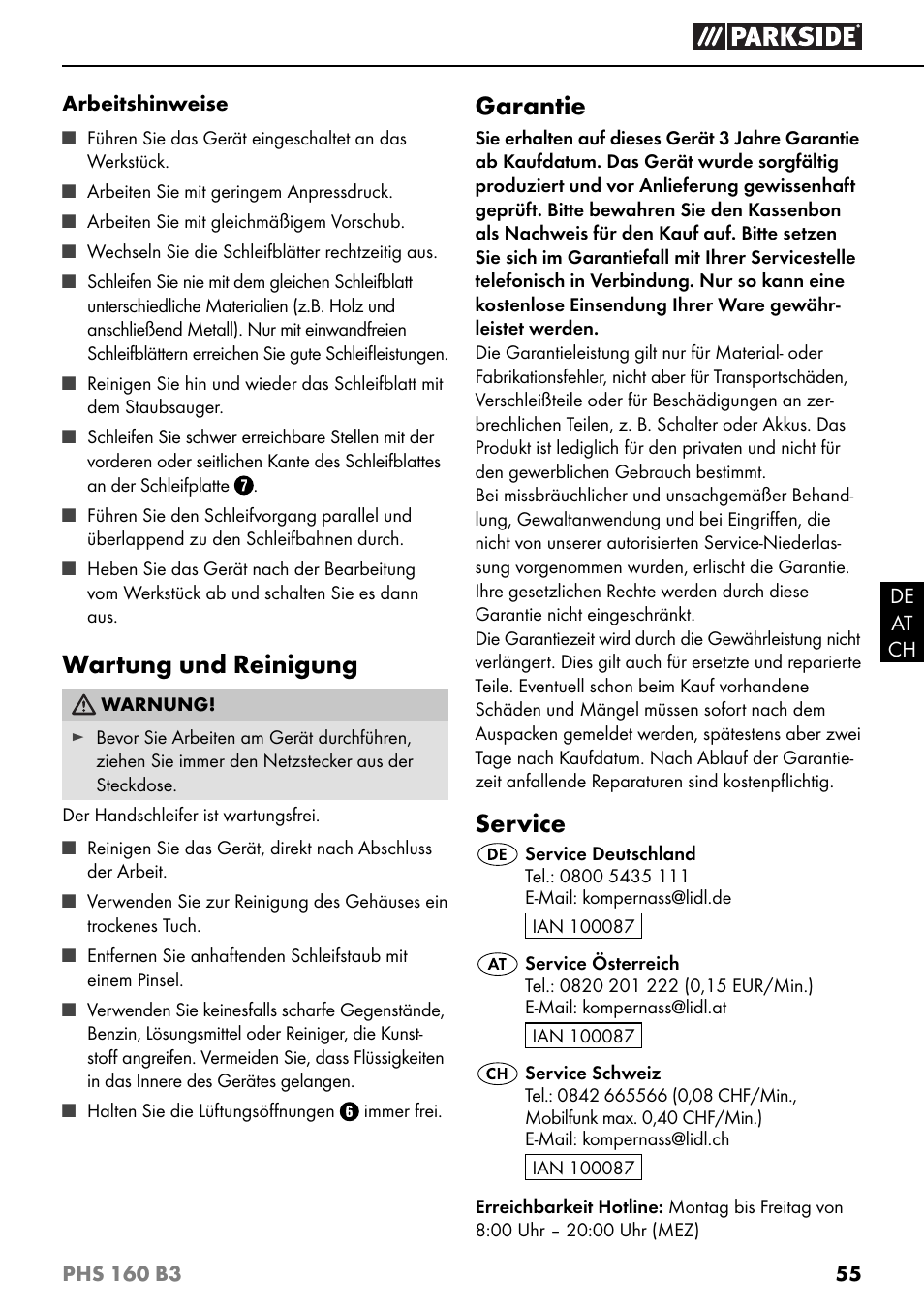 Wartung und reinigung, Garantie, Service | Parkside PHS 160 B3 User Manual | Page 58 / 60