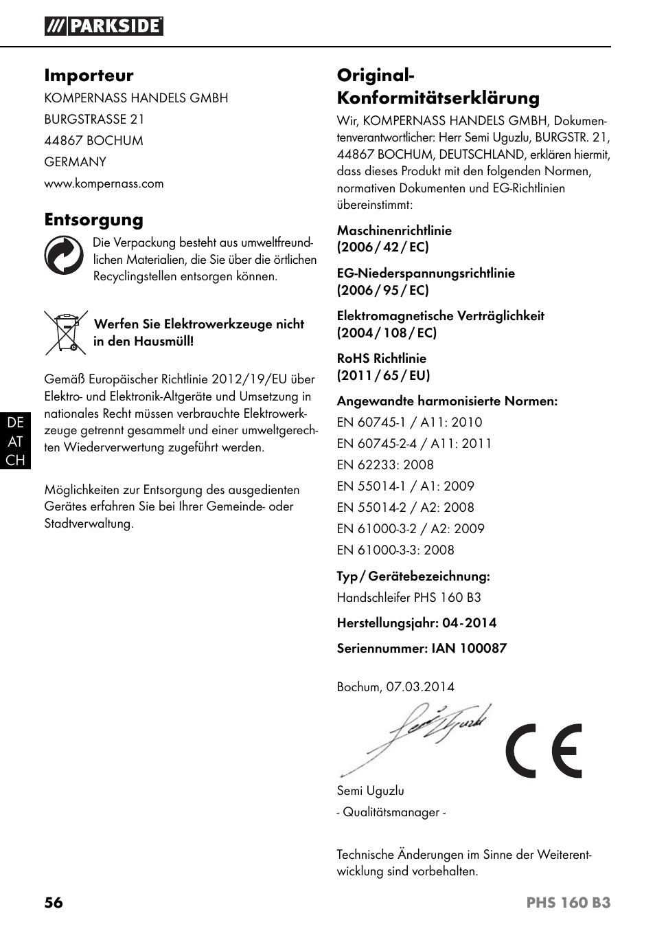 Importeur, Entsorgung, Original- konformitätserklärung | Parkside PHS 160 B3 User Manual | Page 59 / 60