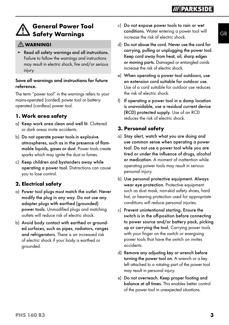 General power tool safety warnings | Parkside PHS 160 B3 User Manual | Page 6 / 60