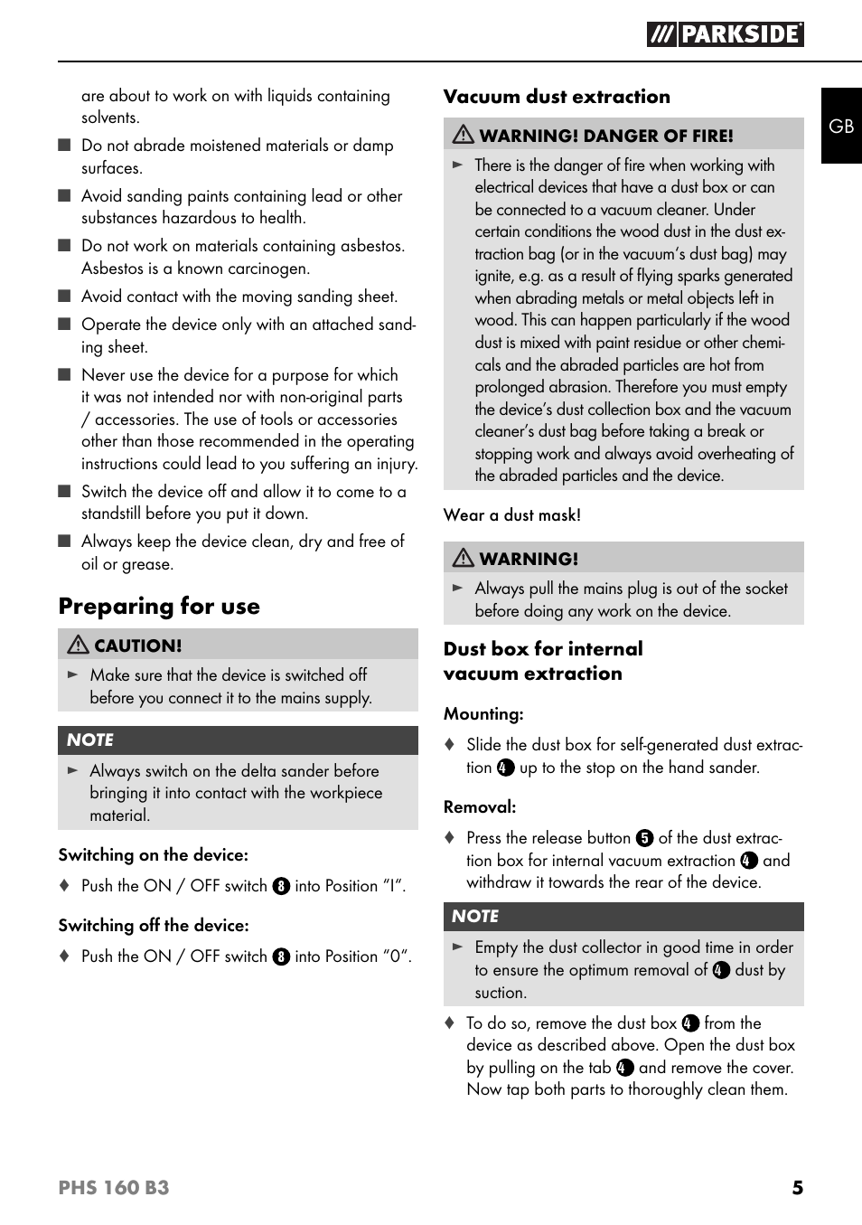 Preparing for use | Parkside PHS 160 B3 User Manual | Page 8 / 60