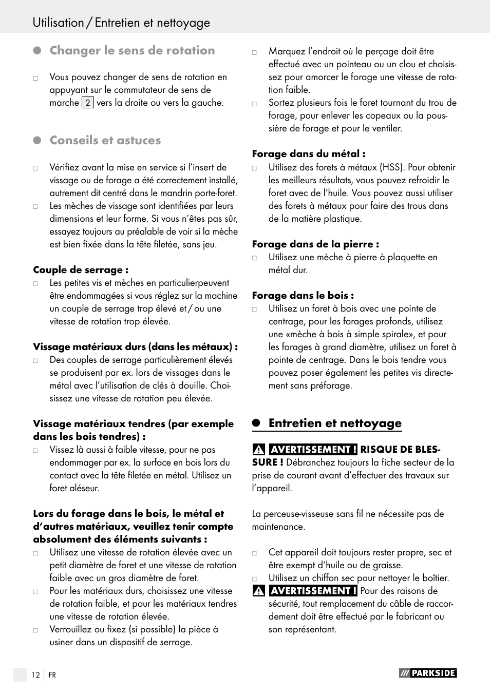 Changer le sens de rotation, Conseils et astuces, Entretien et nettoyage | Parkside PABS 14.4 A1 User Manual | Page 12 / 34