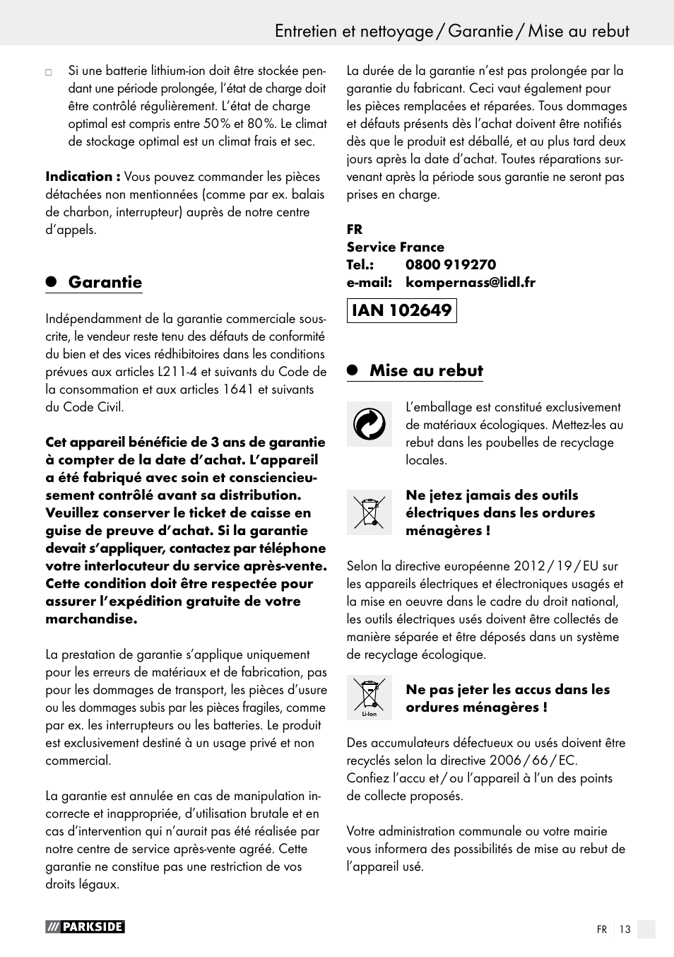 Entretien et nettoyage / garantie / mise au rebut, Garantie, Mise au rebut | Parkside PABS 14.4 A1 User Manual | Page 13 / 34