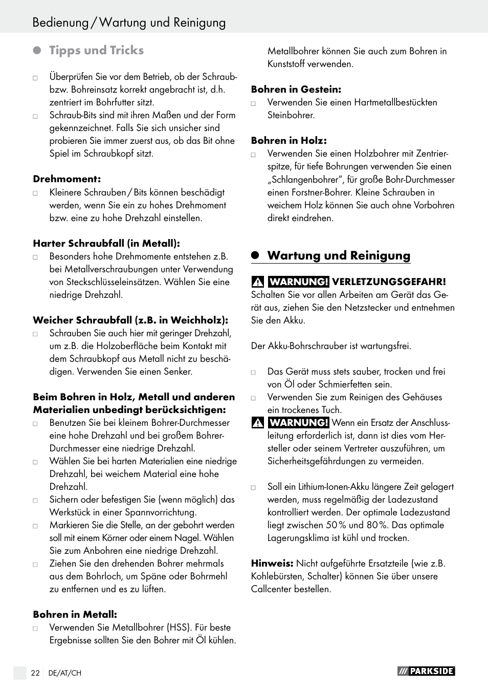 Tipps und tricks, Wartung und reinigung | Parkside PABS 14.4 A1 User Manual | Page 22 / 34