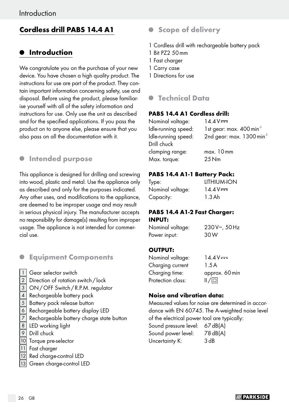 Introduction, Cordless drill pabs 14.4 a1, Intended purpose | Equipment components, Scope of delivery, Technical data | Parkside PABS 14.4 A1 User Manual | Page 26 / 34