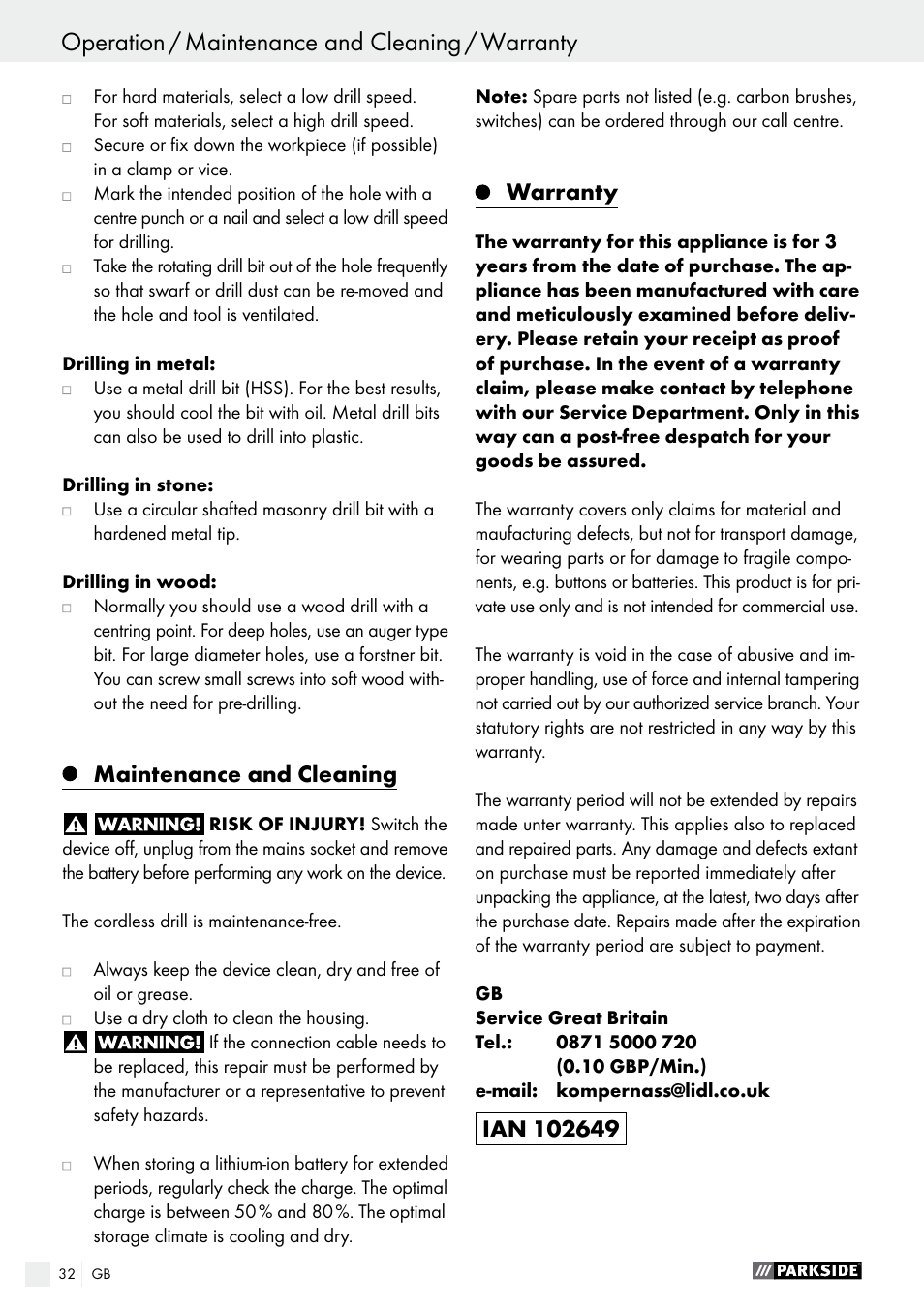 Maintenance and cleaning, Warranty | Parkside PABS 14.4 A1 User Manual | Page 32 / 34