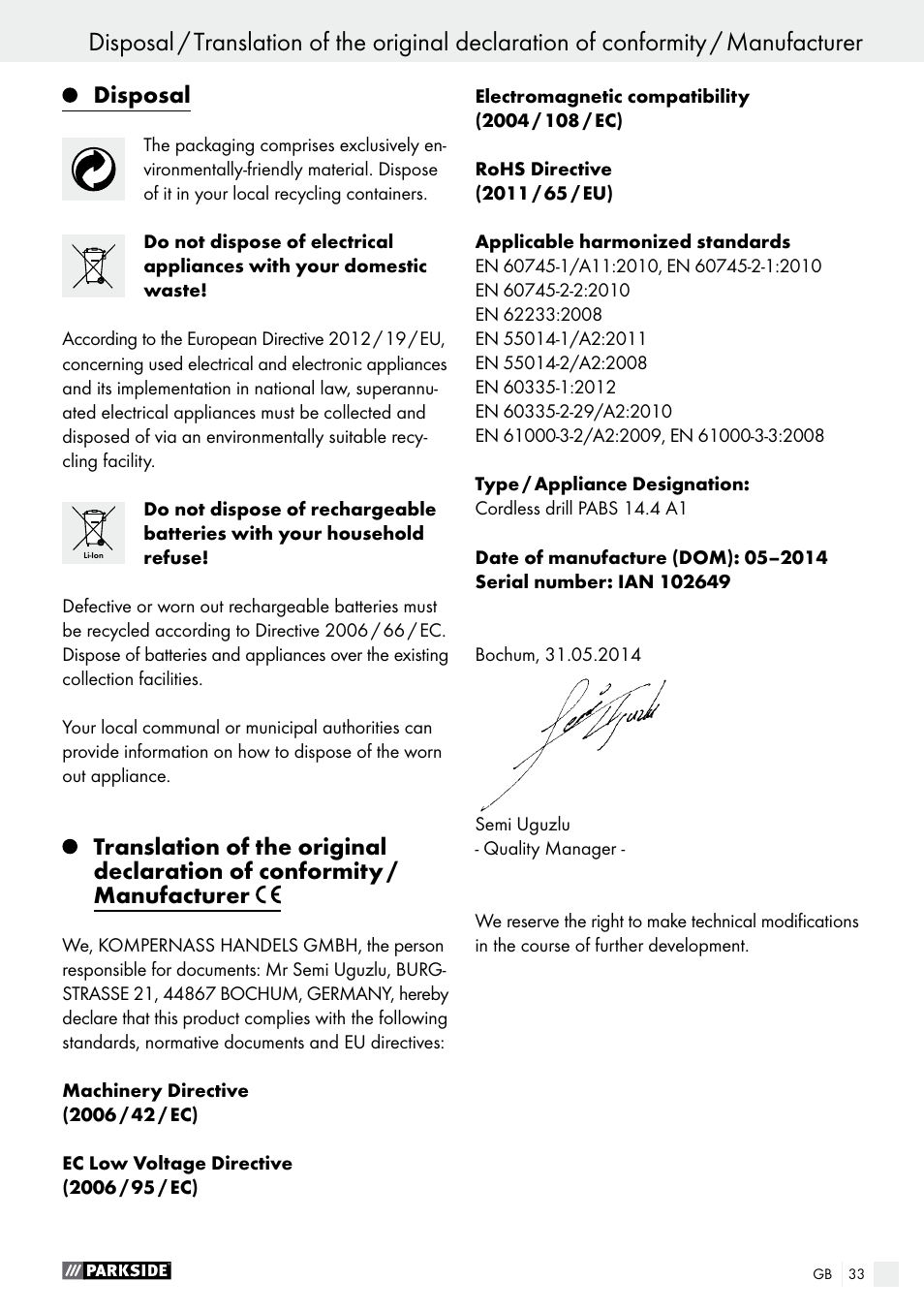 Operation / maintenance and cleaning / warranty, Disposal | Parkside PABS 14.4 A1 User Manual | Page 33 / 34