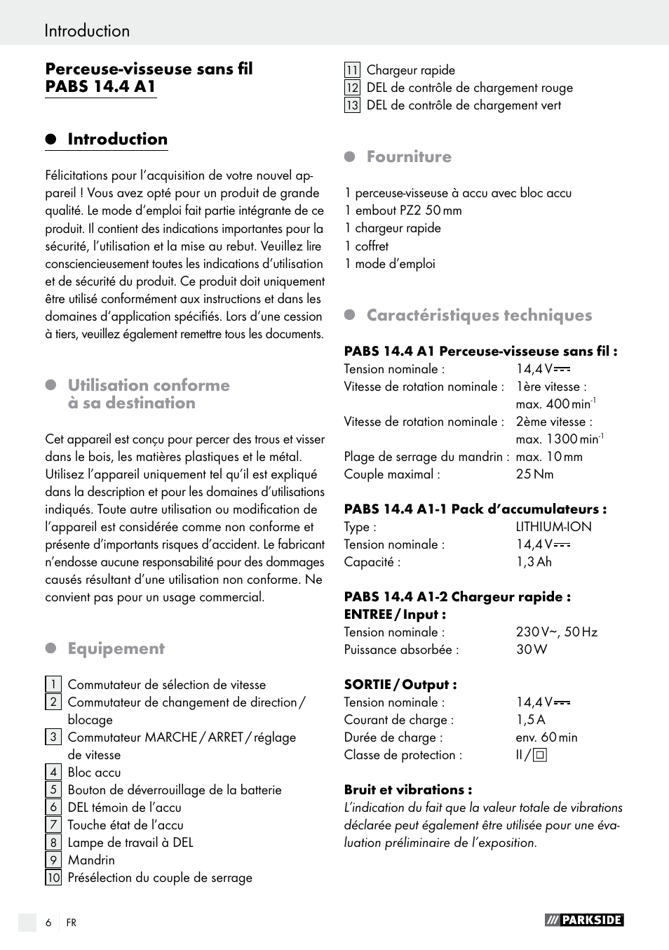 Perceuse-visseuse sans fil pabs 14.4 a1, Introduction, Utilisation conforme à sa destination | Equipement, Fourniture, Caractéristiques techniques | Parkside PABS 14.4 A1 User Manual | Page 6 / 34