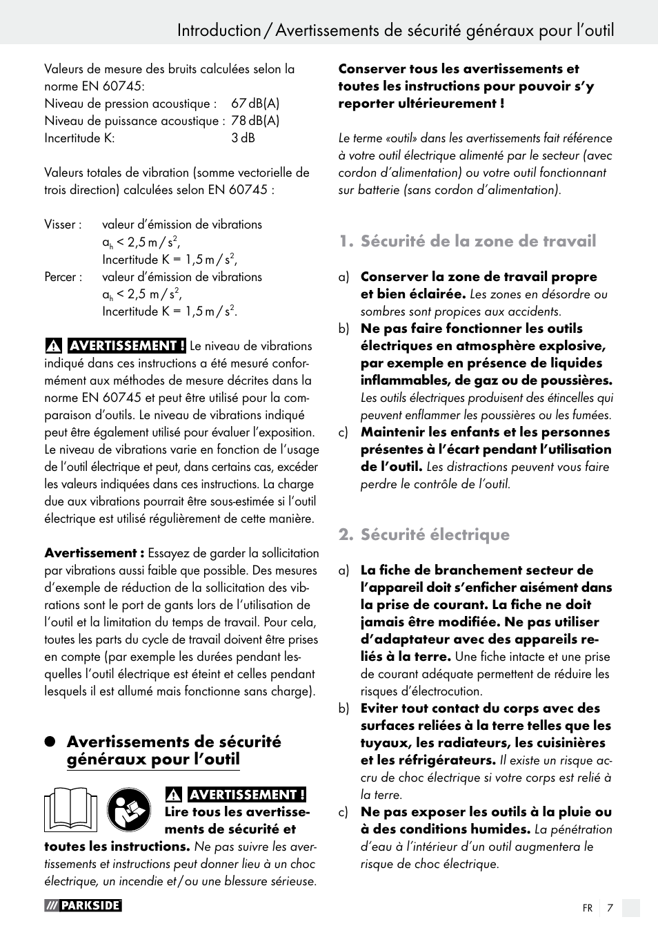 Avertissements de sécurité généraux pour l’outil, Sécurité de la zone de travail, Sécurité électrique | Parkside PABS 14.4 A1 User Manual | Page 7 / 34