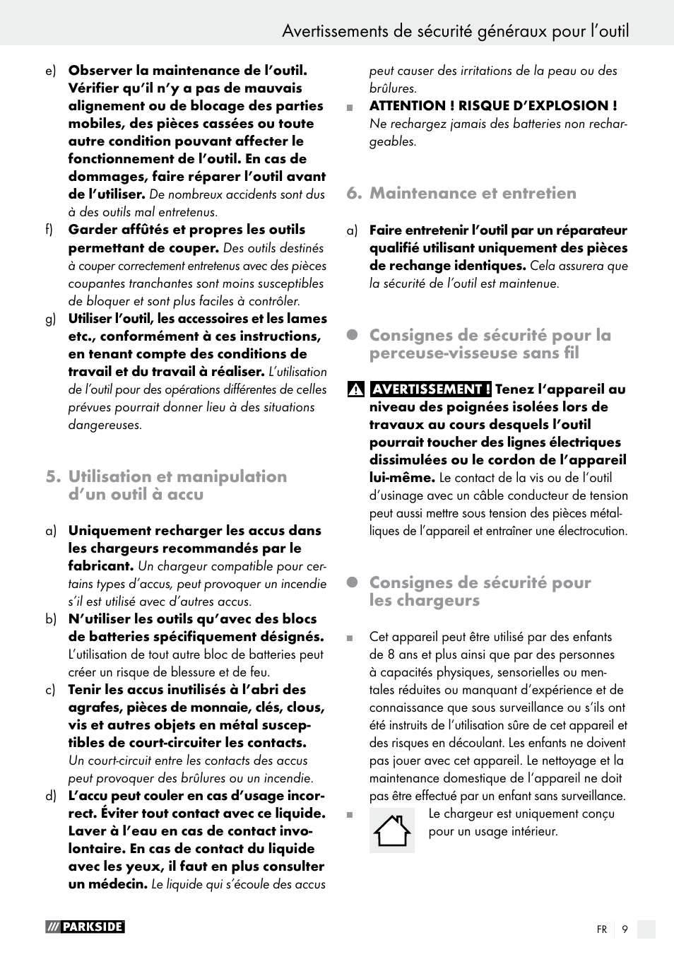 Avertissements de sécurité généraux pour l’outil, Utilisation et manipulation d’un outil à accu, Maintenance et entretien | Consignes de sécurité pour les chargeurs | Parkside PABS 14.4 A1 User Manual | Page 9 / 34