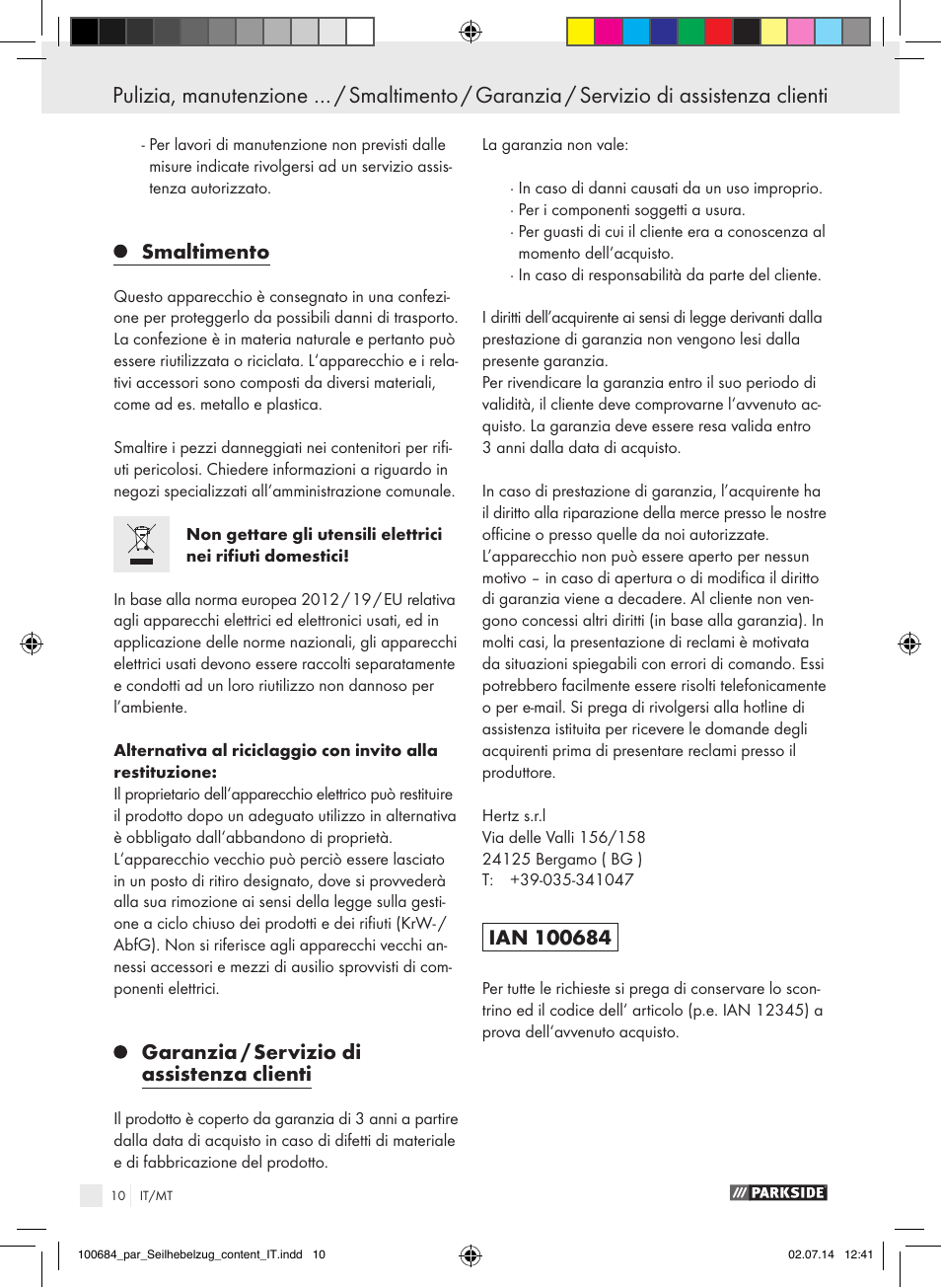 Smaltimento, Garanzia / servizio di assistenza clienti | Parkside PSZ 250 B2 User Manual | Page 10 / 29