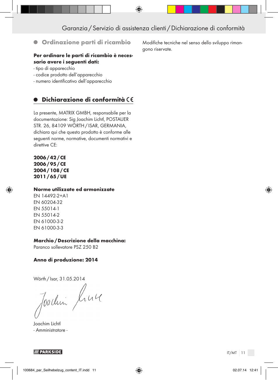 Ordinazione parti di ricambio, Dichiarazione di conformità | Parkside PSZ 250 B2 User Manual | Page 11 / 29