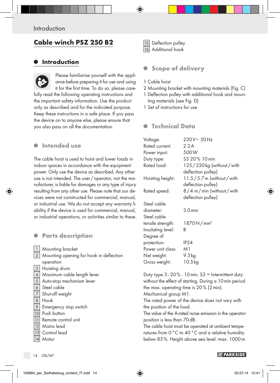 Introduction, Intended use, Parts description | Scope of delivery, Technical data | Parkside PSZ 250 B2 User Manual | Page 14 / 29