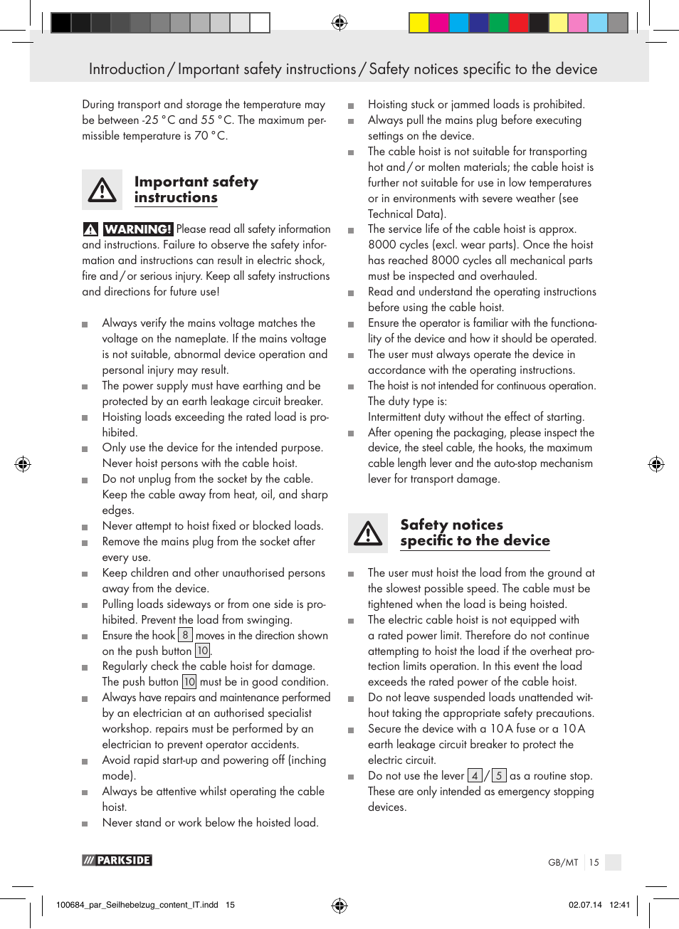 Important safety instructions, Safety notices specific to the device | Parkside PSZ 250 B2 User Manual | Page 15 / 29