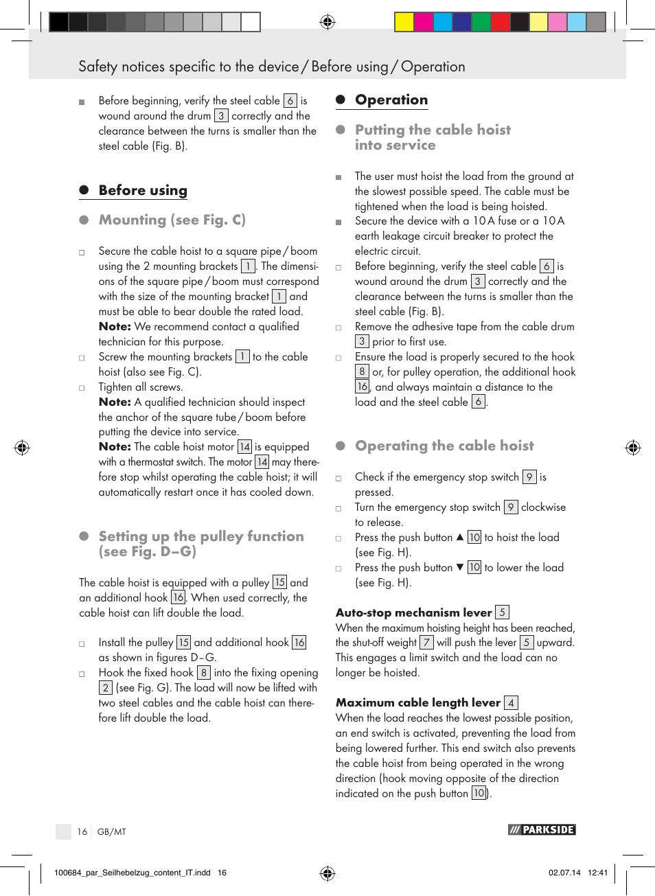 Before using, Mounting (see fig. c), Setting up the pulley function (see fig. d–g) | Operation, Putting the cable hoist into service, Operating the cable hoist | Parkside PSZ 250 B2 User Manual | Page 16 / 29