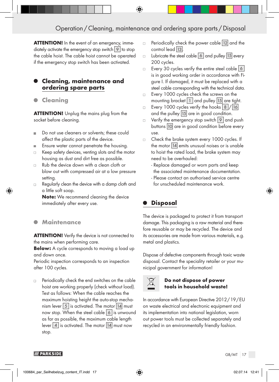 Cleaning, maintenance and ordering spare parts, Cleaning, Maintenance | Disposal | Parkside PSZ 250 B2 User Manual | Page 17 / 29