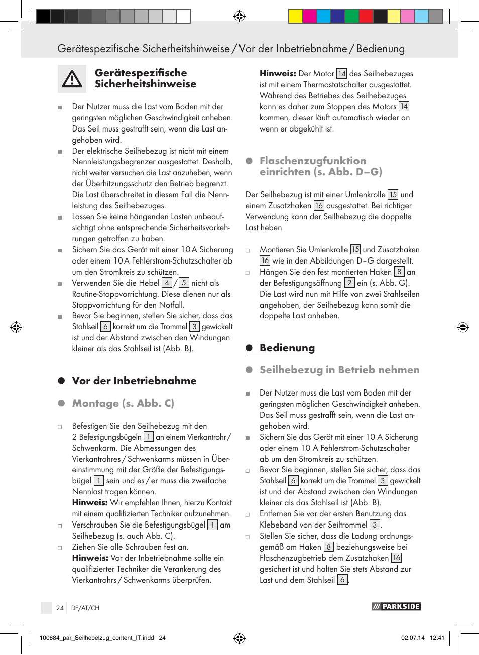 Gerätespezifische sicherheitshinweise, Vor der inbetriebnahme, Montage (s. abb. c) | Flaschenzugfunktion einrichten (s. abb. d–g), Bedienung, Seilhebezug in betrieb nehmen | Parkside PSZ 250 B2 User Manual | Page 24 / 29
