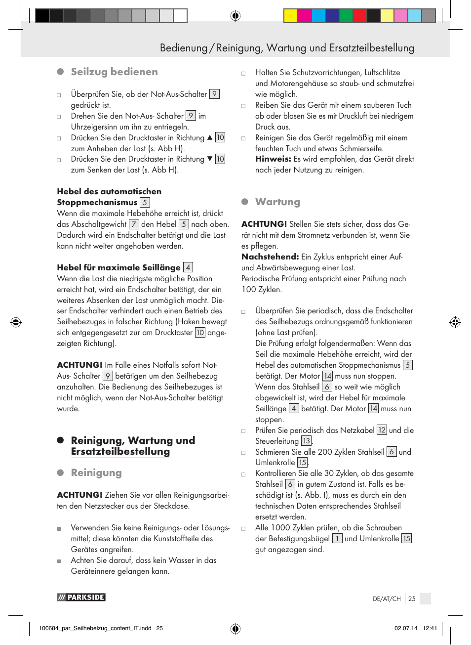 Seilzug bedienen, Reinigung, wartung und ersatzteilbestellung, Reinigung | Wartung | Parkside PSZ 250 B2 User Manual | Page 25 / 29