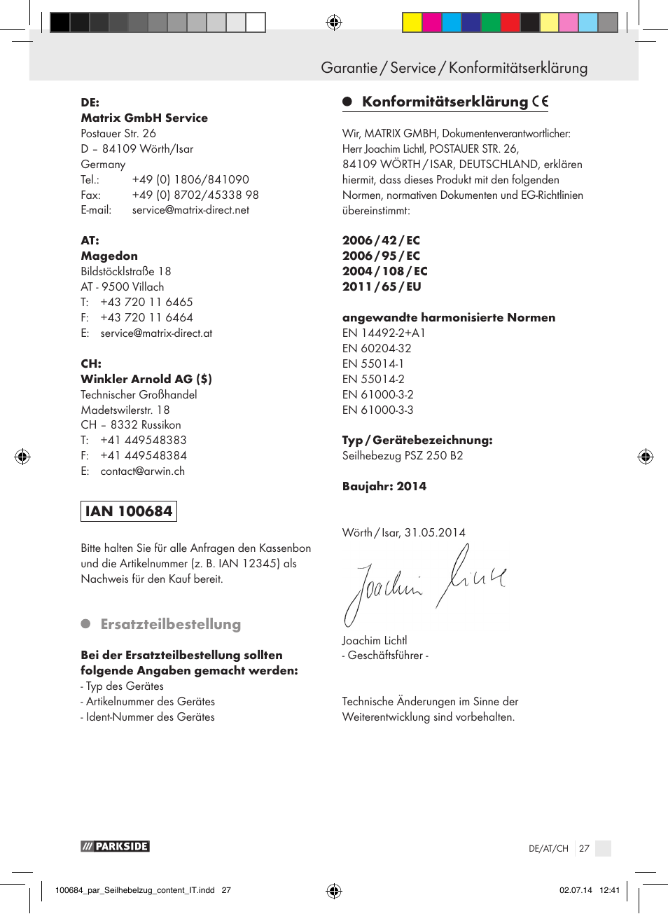 Garantie / service / konformitätserklärung, Ersatzteilbestellung, Konformitätserklärung | Parkside PSZ 250 B2 User Manual | Page 27 / 29