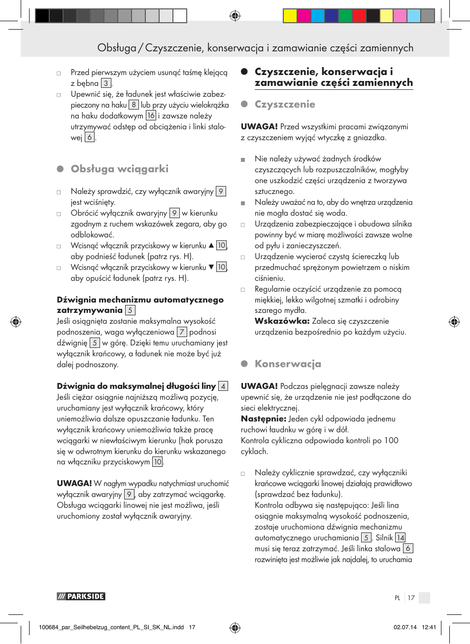 Obsługa wciągarki, Czyszczenie, Konserwacja | Parkside PSZ 250 B2 User Manual | Page 17 / 53