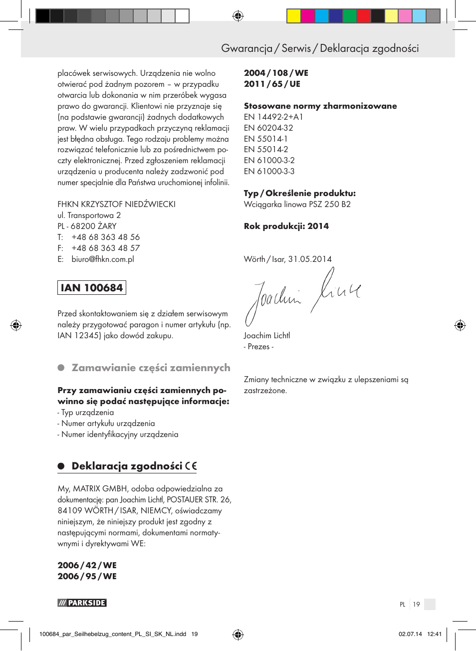 Gwarancja / serwis / deklaracja zgodności, Zamawianie części zamiennych, Deklaracja zgodności | Parkside PSZ 250 B2 User Manual | Page 19 / 53