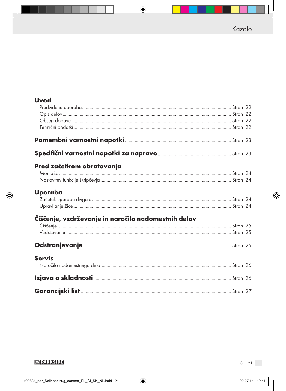 Kazalo | Parkside PSZ 250 B2 User Manual | Page 21 / 53