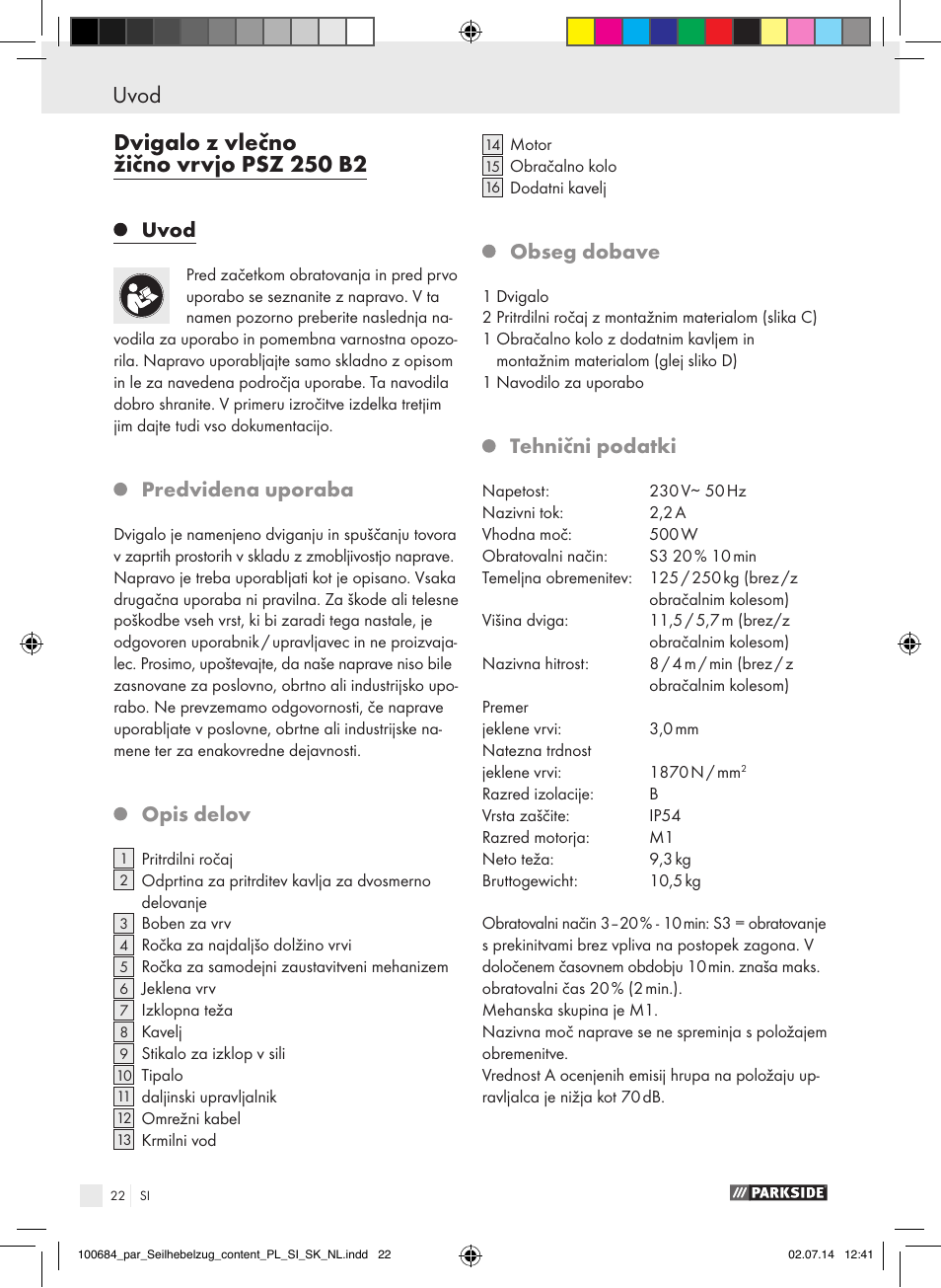 Uvod, Predvidena uporaba, Opis delov | Obseg dobave, Tehnični podatki | Parkside PSZ 250 B2 User Manual | Page 22 / 53