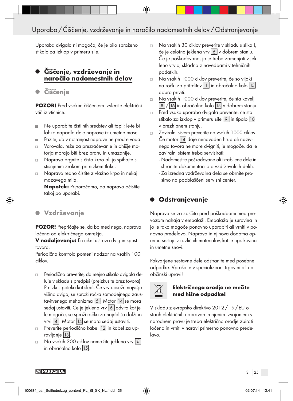 Čiščenje, Vzdrževanje, Odstranjevanje | Parkside PSZ 250 B2 User Manual | Page 25 / 53