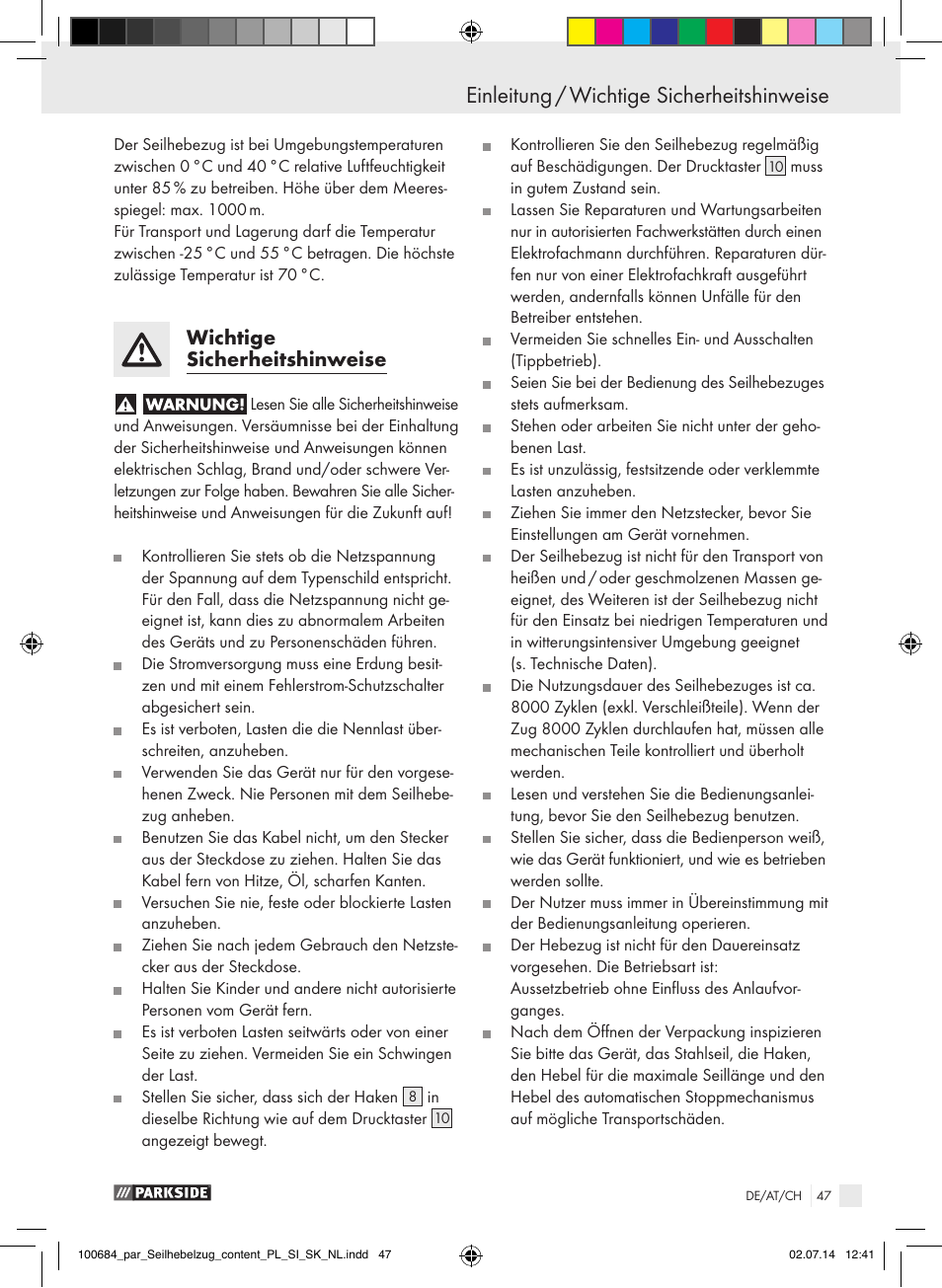 Wichtige sicherheitshinweise | Parkside PSZ 250 B2 User Manual | Page 47 / 53