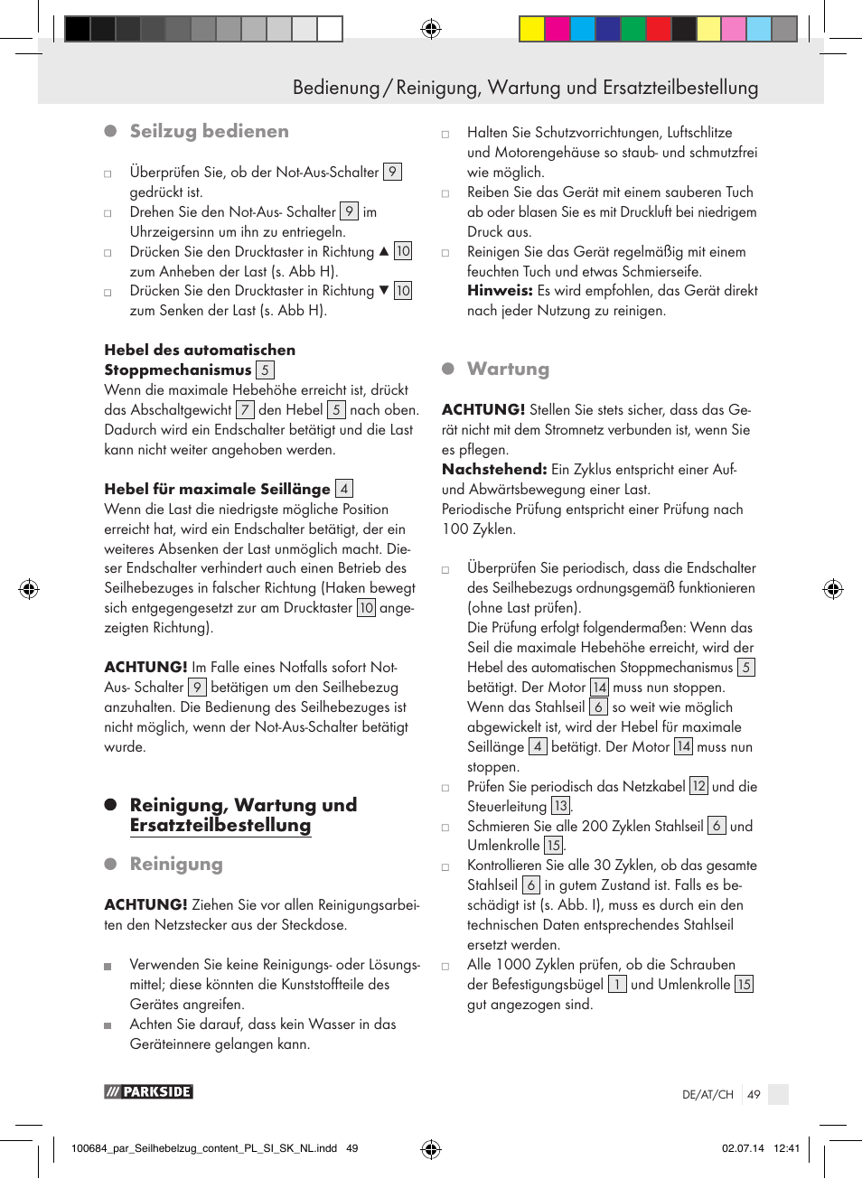 Seilzug bedienen, Reinigung, wartung und ersatzteilbestellung, Reinigung | Wartung | Parkside PSZ 250 B2 User Manual | Page 49 / 53