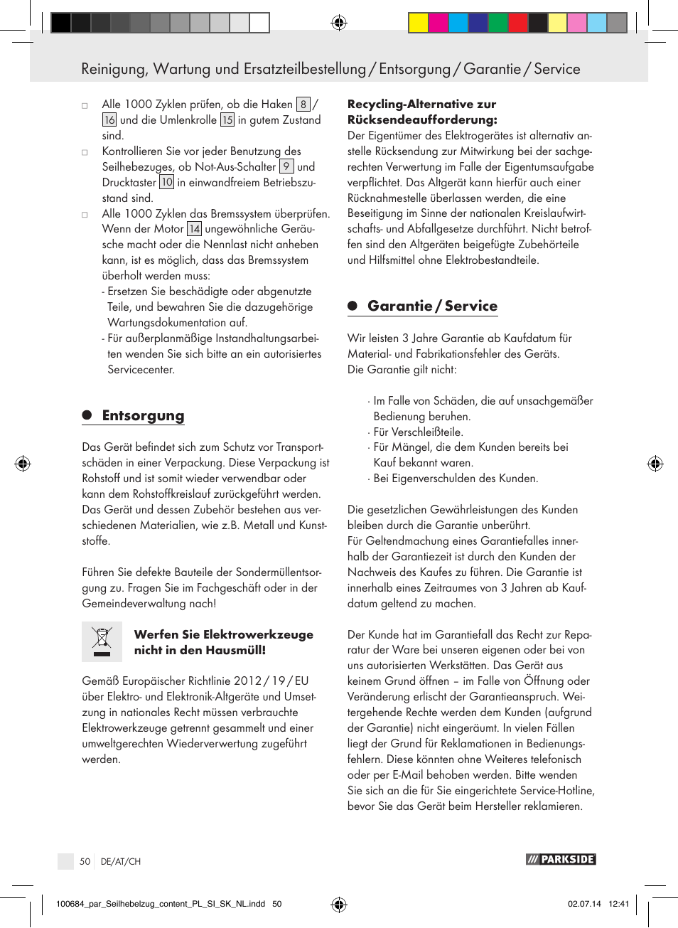 Garantie / service / konformitätserklärung, Entsorgung, Garantie / service | Parkside PSZ 250 B2 User Manual | Page 50 / 53