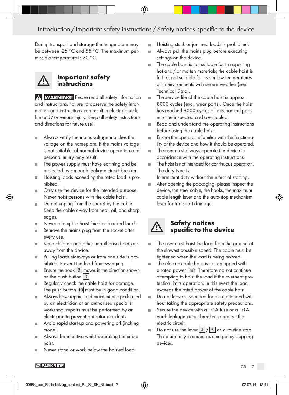 Important safety instructions, Safety notices specific to the device | Parkside PSZ 250 B2 User Manual | Page 7 / 53