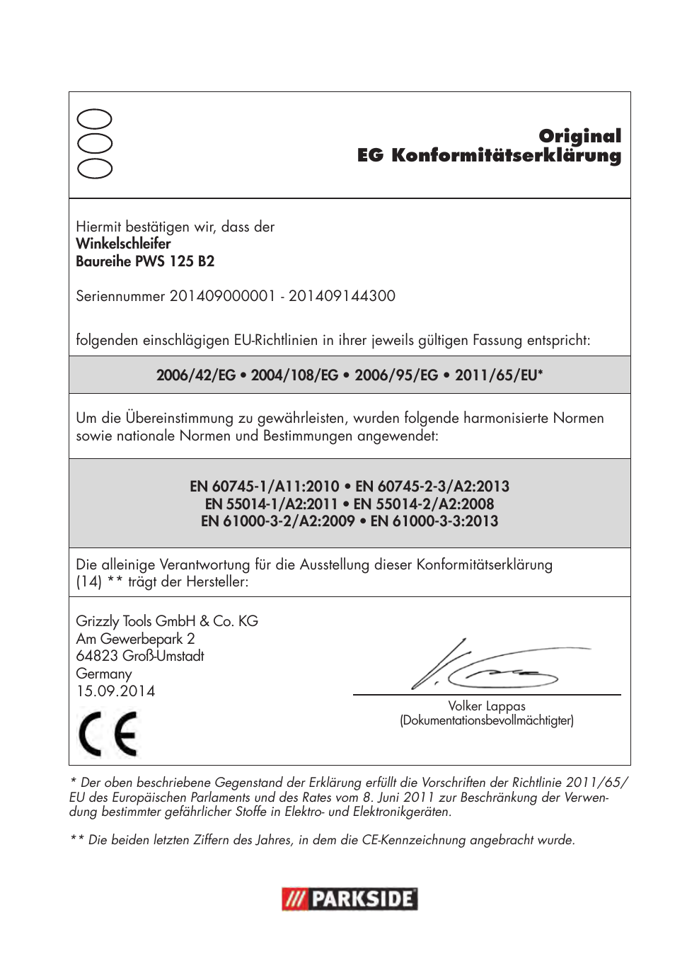 Original eg konformitätserklärung | Parkside PWS 125 B2 User Manual | Page 101 / 102