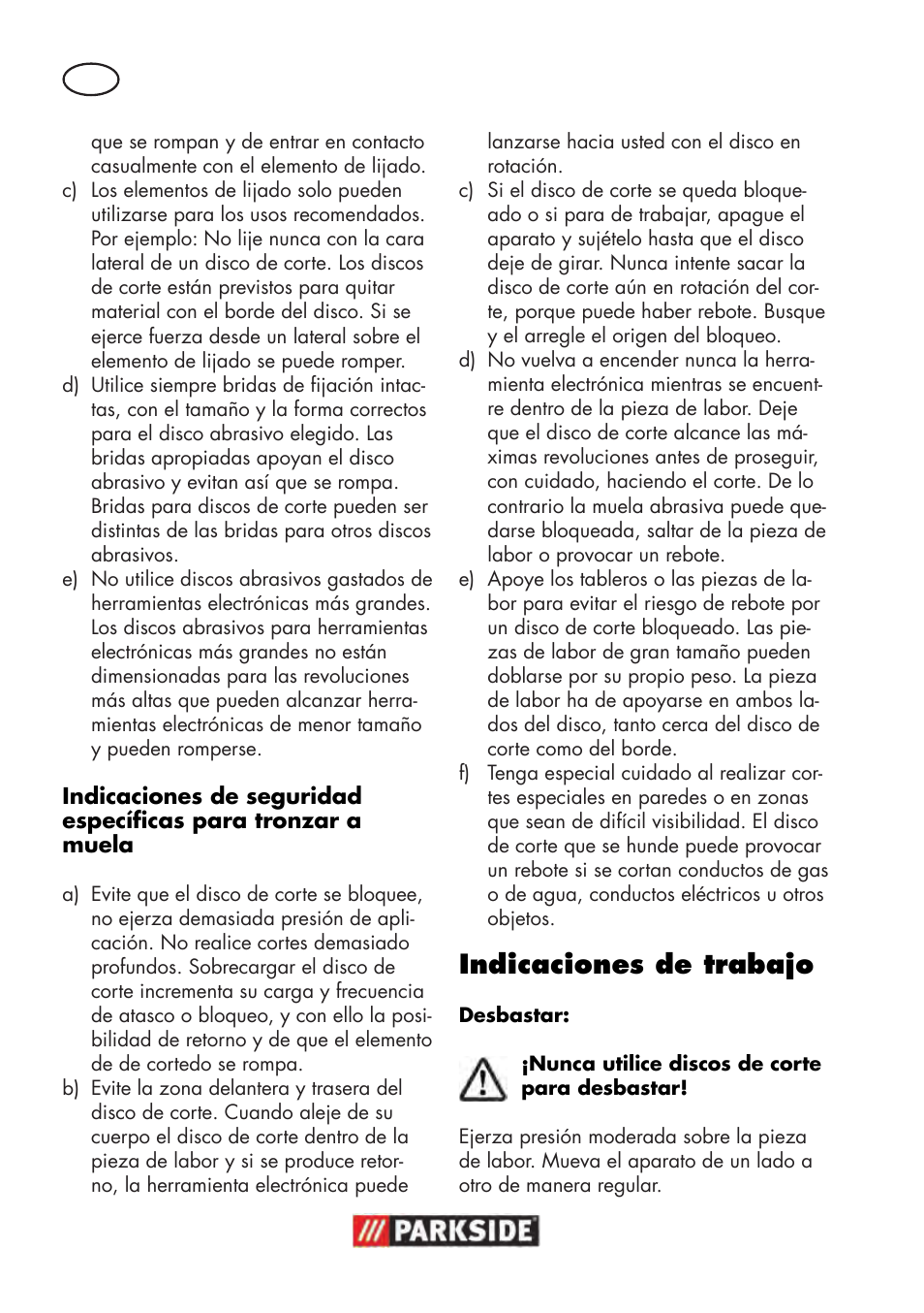 Indicaciones de trabajo | Parkside PWS 125 B2 User Manual | Page 14 / 102