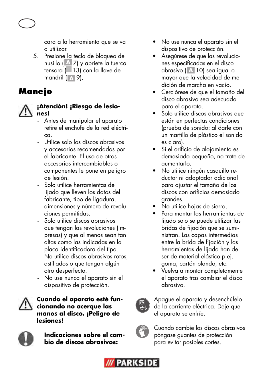 Manejo | Parkside PWS 125 B2 User Manual | Page 16 / 102